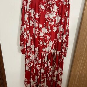 H&M Red and White V-Neck Sundress with Bishop Sleeves